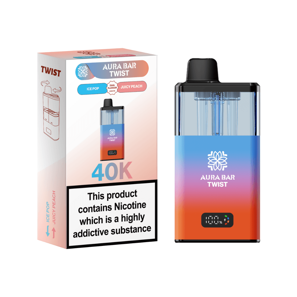 Crystal Prime Aura Bar Twist 40k-Vape Kit Box of 5 Ice Pop / Juicy Peach