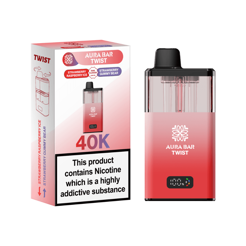 Crystal Prime Aura Bar Twist 40k-Vape Kit Box of 5 Strawberry Raspberry Ice / Strawberry Gummy Bear
