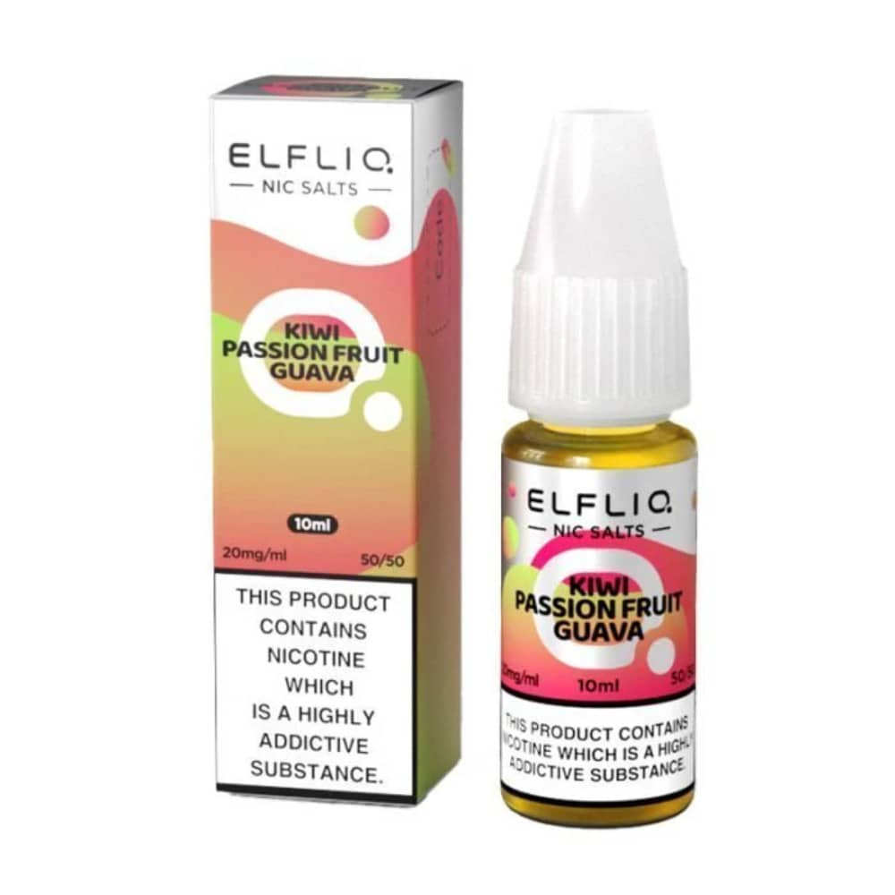Elf Bar Elfliq Nic Salt E-Liquids 10ml Box of 10 Kiwi Passion Fruit Guava 10mg