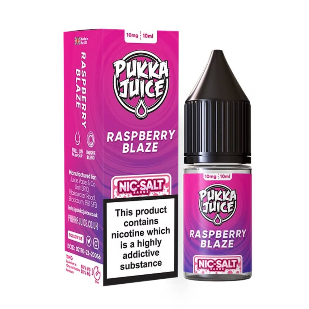 Pukka Juice Nic Salts e liquids 10ml Box of 10 Raspberry Blaze 20mg