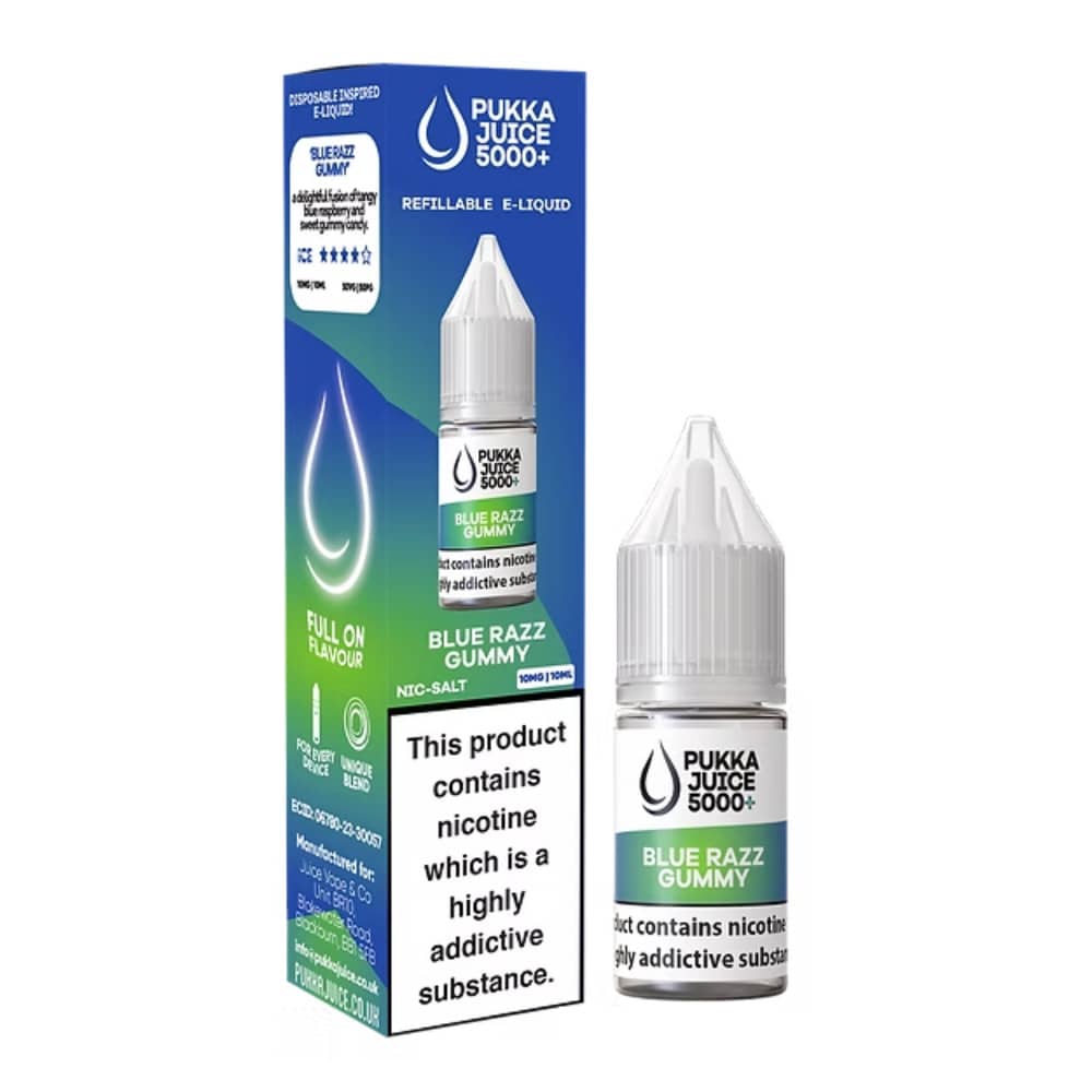 Pukka Juice 5000+ Nic Salts e liquids 10ml Box of 10 Blue Razz Gummy 10mg