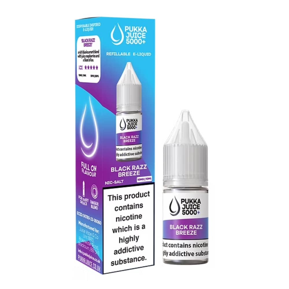 Pukka Juice 5000+ Nic Salts e liquids 10ml Box of 10 Black Razz Breeze 20mg