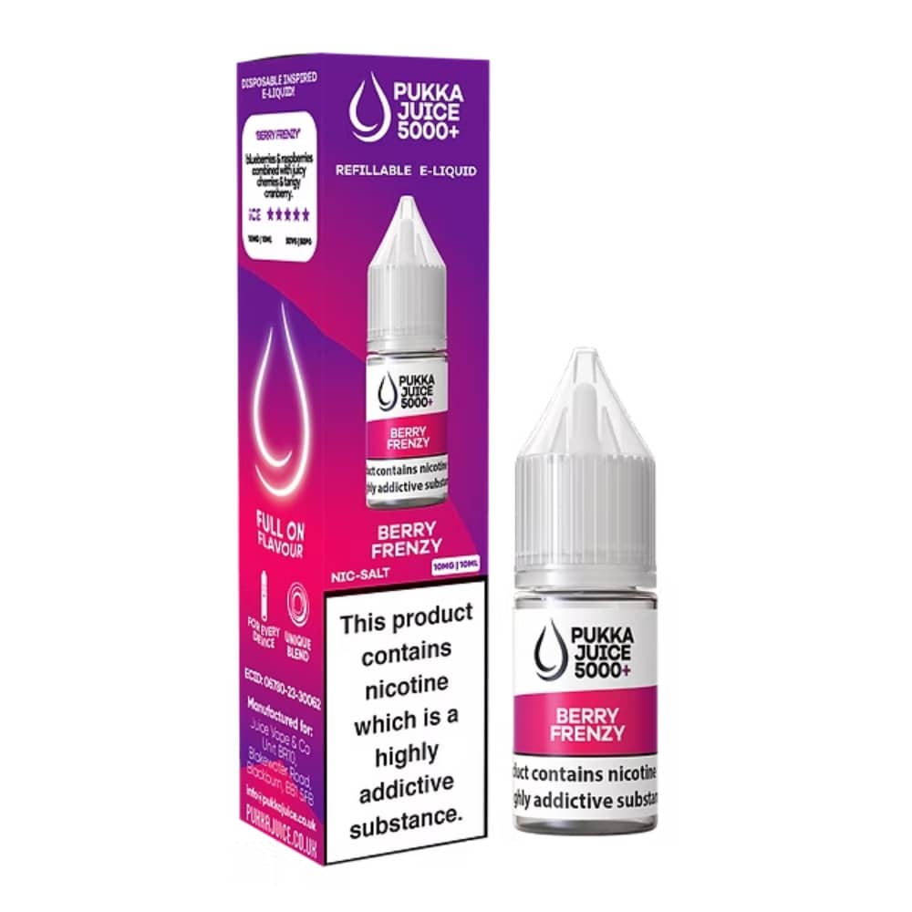 Pukka Juice 5000+ Nic Salts e liquids 10ml Box of 10 Berry Frenzy 20mg