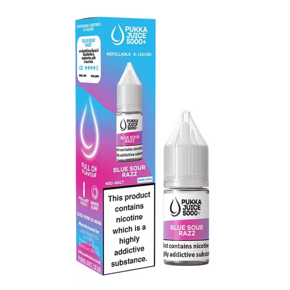 Pukka Juice 5000+ Nic Salts e liquids 10ml Box of 10 Blue Razz Sour 10mg