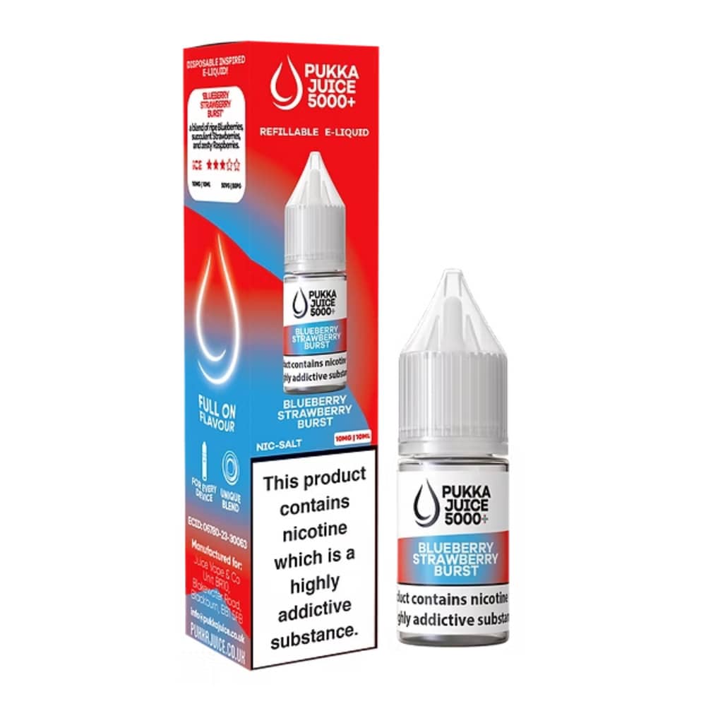 Pukka Juice 5000+ Nic Salts e liquids 10ml Box of 10 Blueberry Strawberry Burst 20mg