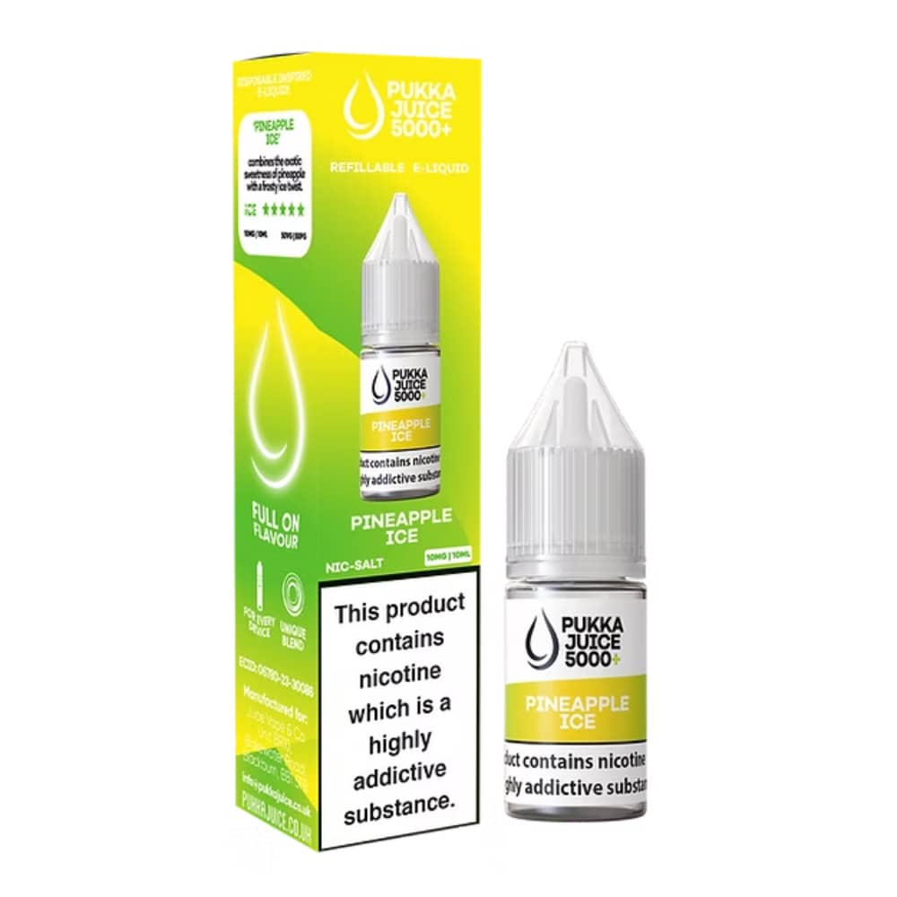 Pukka Juice 5000+ Nic Salts e liquids 10ml Box of 10 Pineapple Ice 20mg