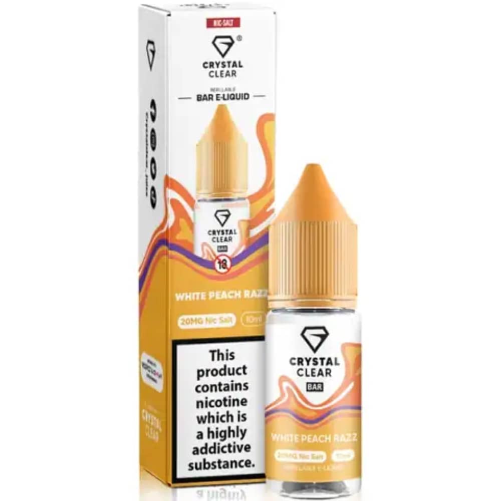 Crystal Clear Nic Salts e liquids 10ml Box of 10 White Peach Razz 20mg