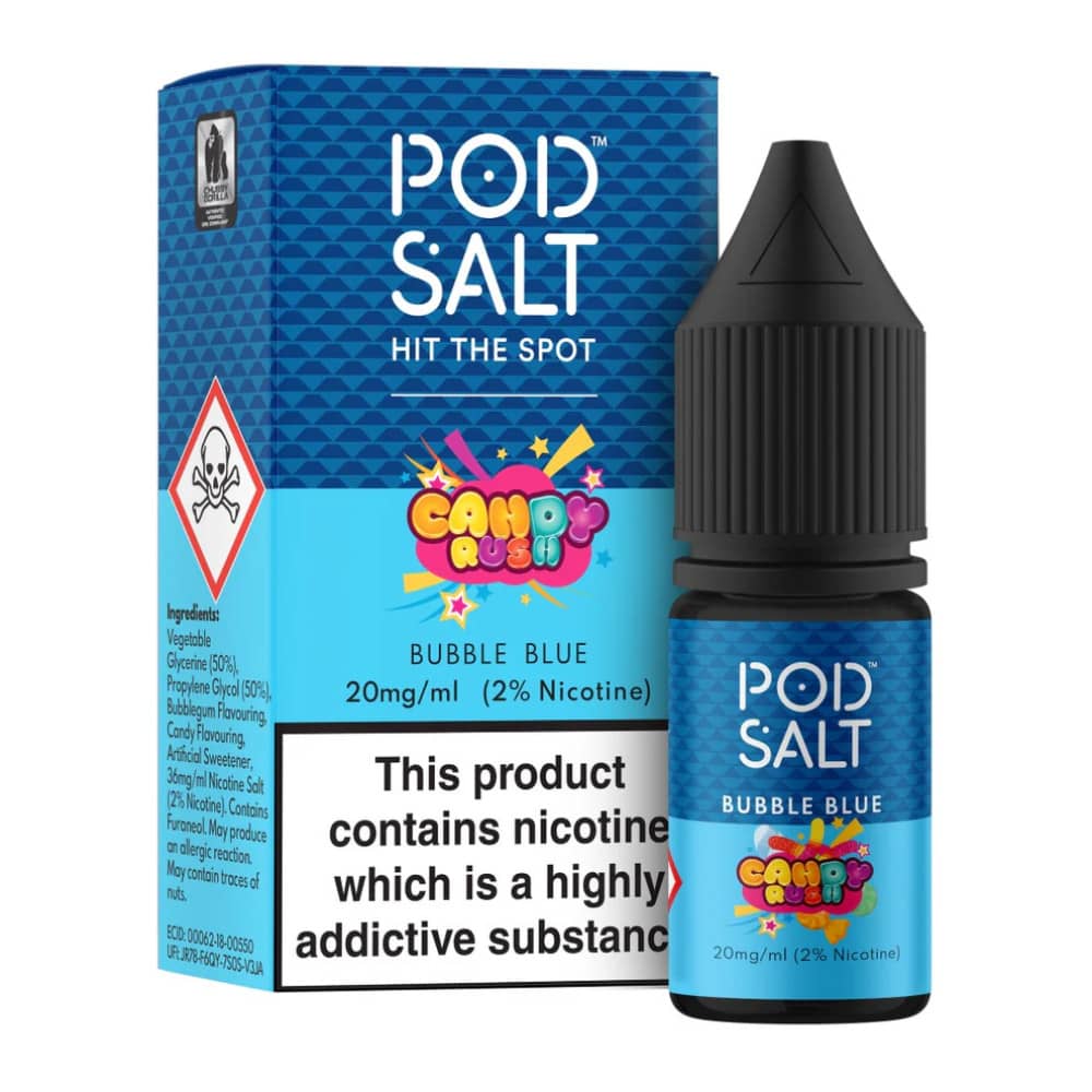 Pod Salt Fusions Nic Salts e liquids 10ml Box of 5 Candy Rush - Bubble Blue 20mg