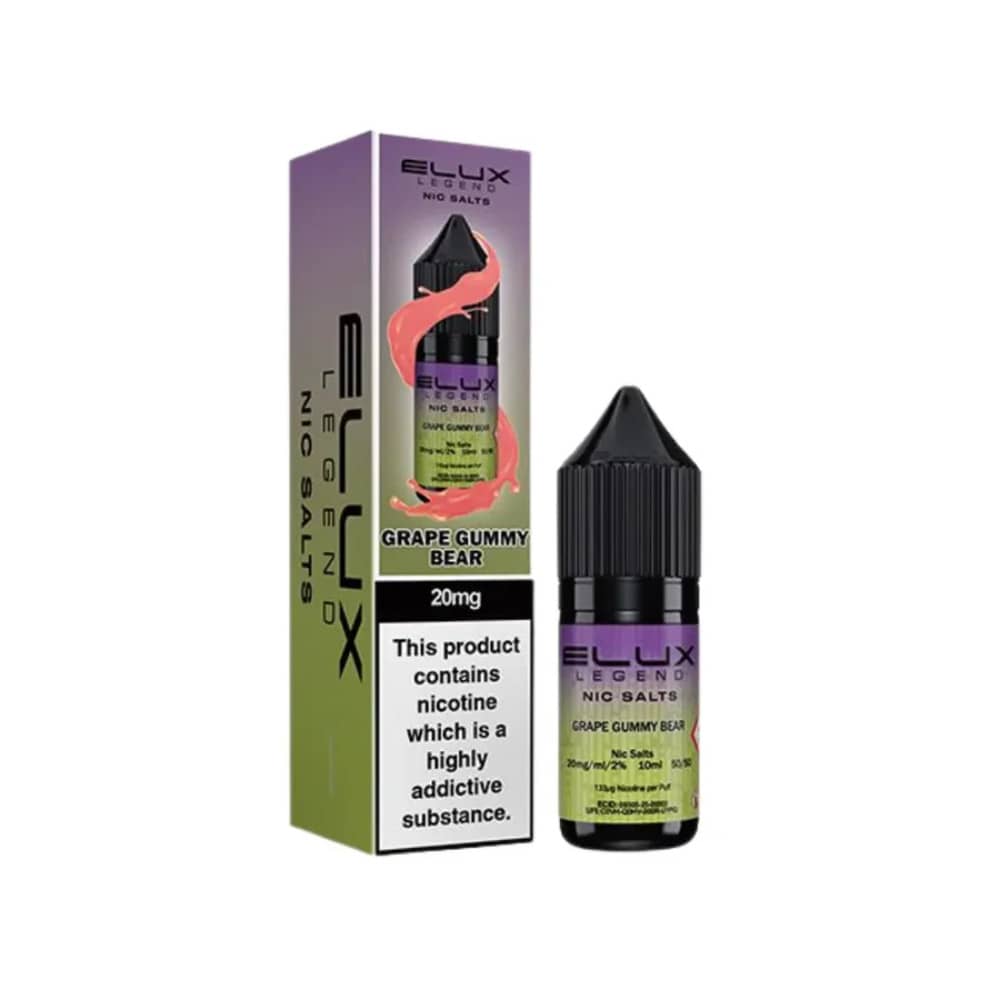 Elux Legend Nic Salts E-Liquids 10ml Box of 10 Grape Gummy Bear 10mg