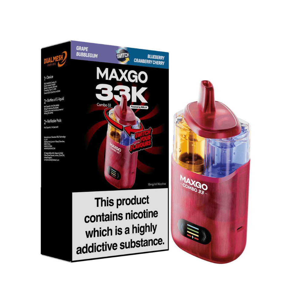 Maxgo 33k Prefilled Vape Kit Box of 3 Blueberry Cranberry Cherry / Grape Bubble Gum