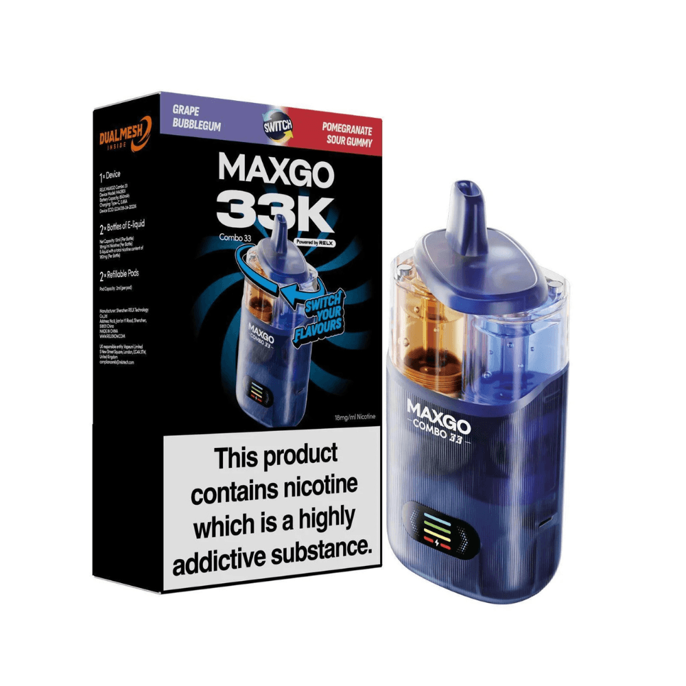 Maxgo 33k Prefilled Vape Kit Box of 3 Grape Bubble Gum / Pomegranate Sour Gummy