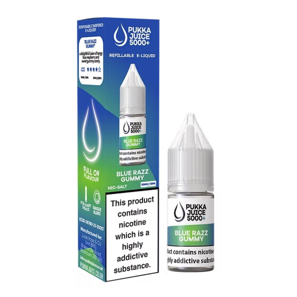 Pukka Juice 5000+ Nic Salts e liquids 10ml Box of 10 Blue Razz Gummy 10mg