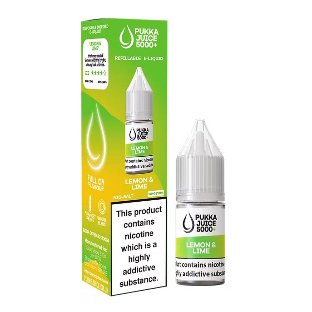 Pukka Juice 5000+ Nic Salts e liquids 10ml Box of 10 Lemon Lime 20mg