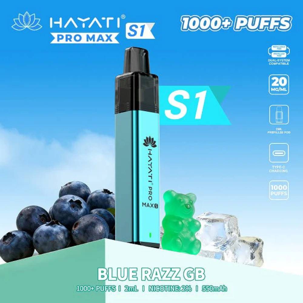 Hayati Pro Max S1 Vape Kit Box of 10 Blue Razz GB