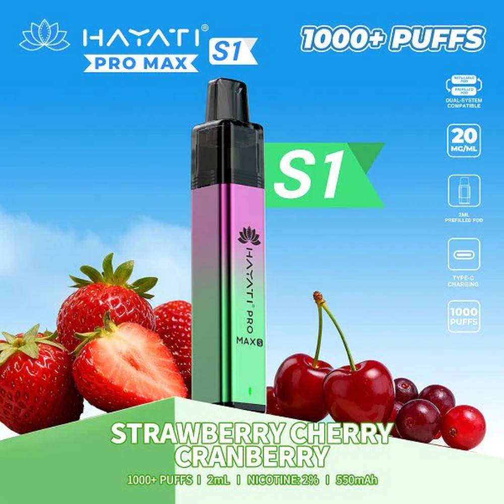 Hayati Pro Max S1 Vape Kit Box of 10 Strawberry Cherry Cranberry