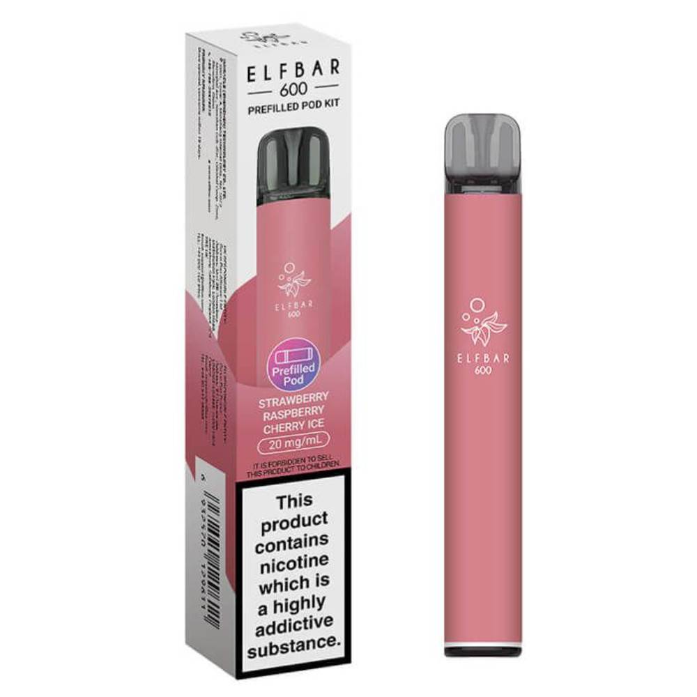 Elf Bar 600 Prefilled Pod Kit Box of 10 Strawberry Raspberry Cherry Ice
